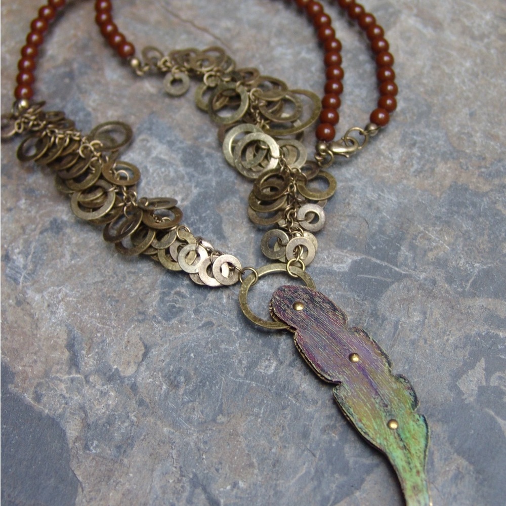 Colored Pencil Leaf Necklace with Antique Brass and Reddish Brown Beads